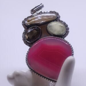 Sterling Silver Pendant with Pink Agate, Prehnite, Smoky Quartz